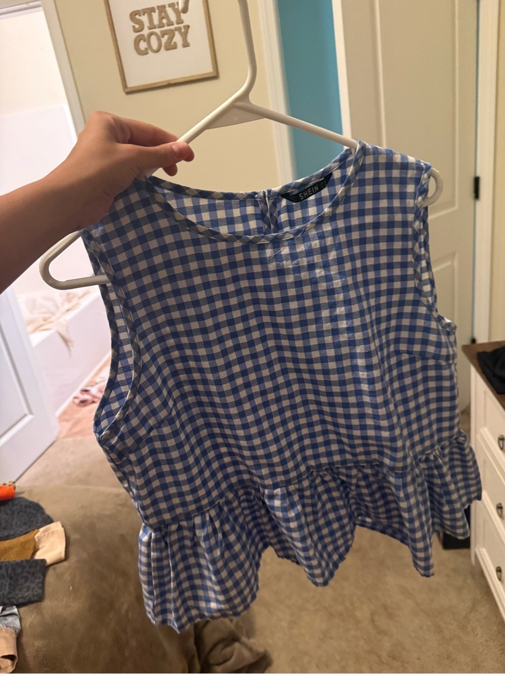 SHEIN Blue and White Gingham Peplum Sleeveless Top